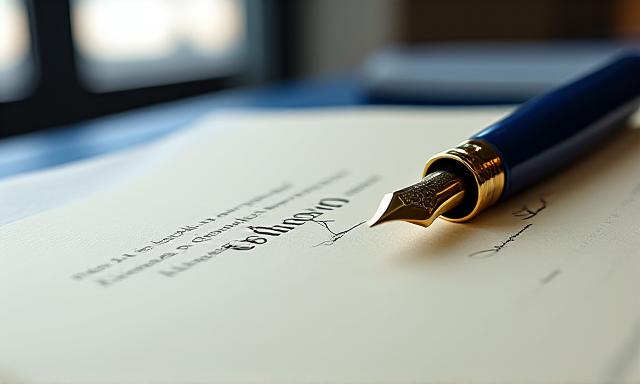 Close up of a legal document with a gold fountain pen