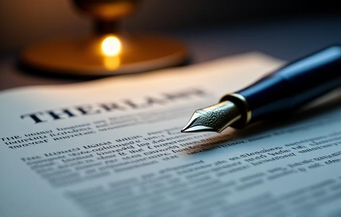 A high-end fountain pen resting on a complex legal contract with focused lighting